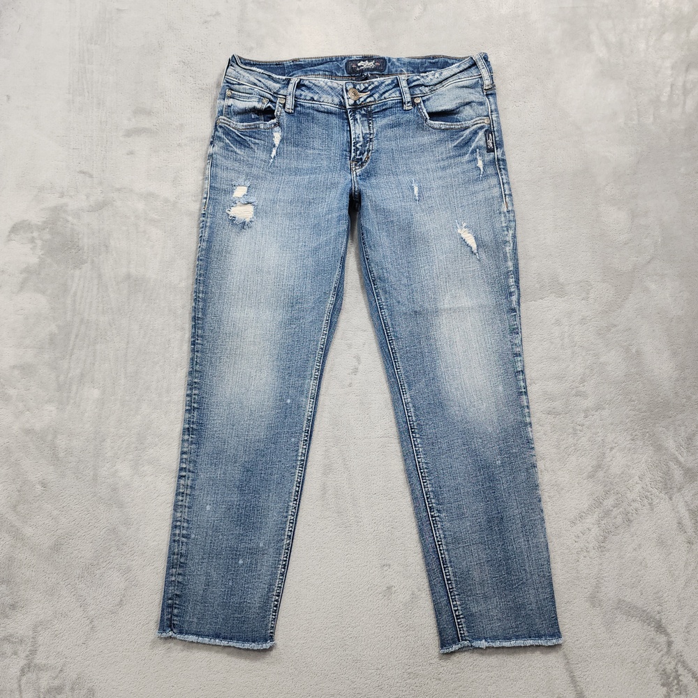 Silver Jeans Women 30 Blue Light Wash Sam Crop Boyfriend Raw Hem Distressed